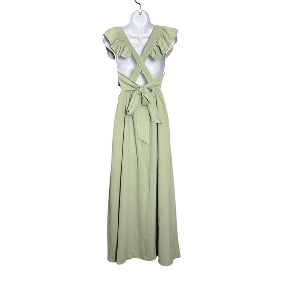 Sage Green Square Neck Ruffle Sleeve Maxi Dress Tie Back Cutout Summer Vacation - Picture 5 of 7